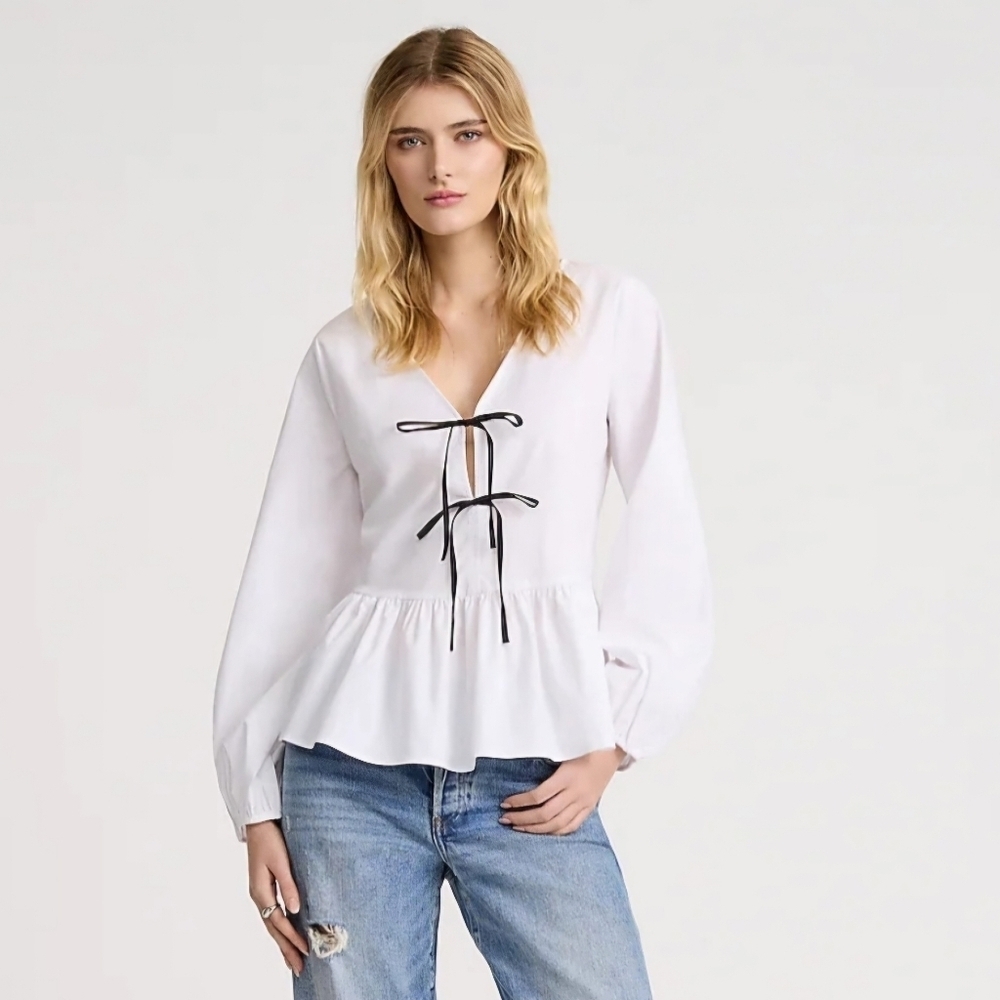 Express White With Black Tie Front Long Balloon Sleeve Peplum Top Size Small